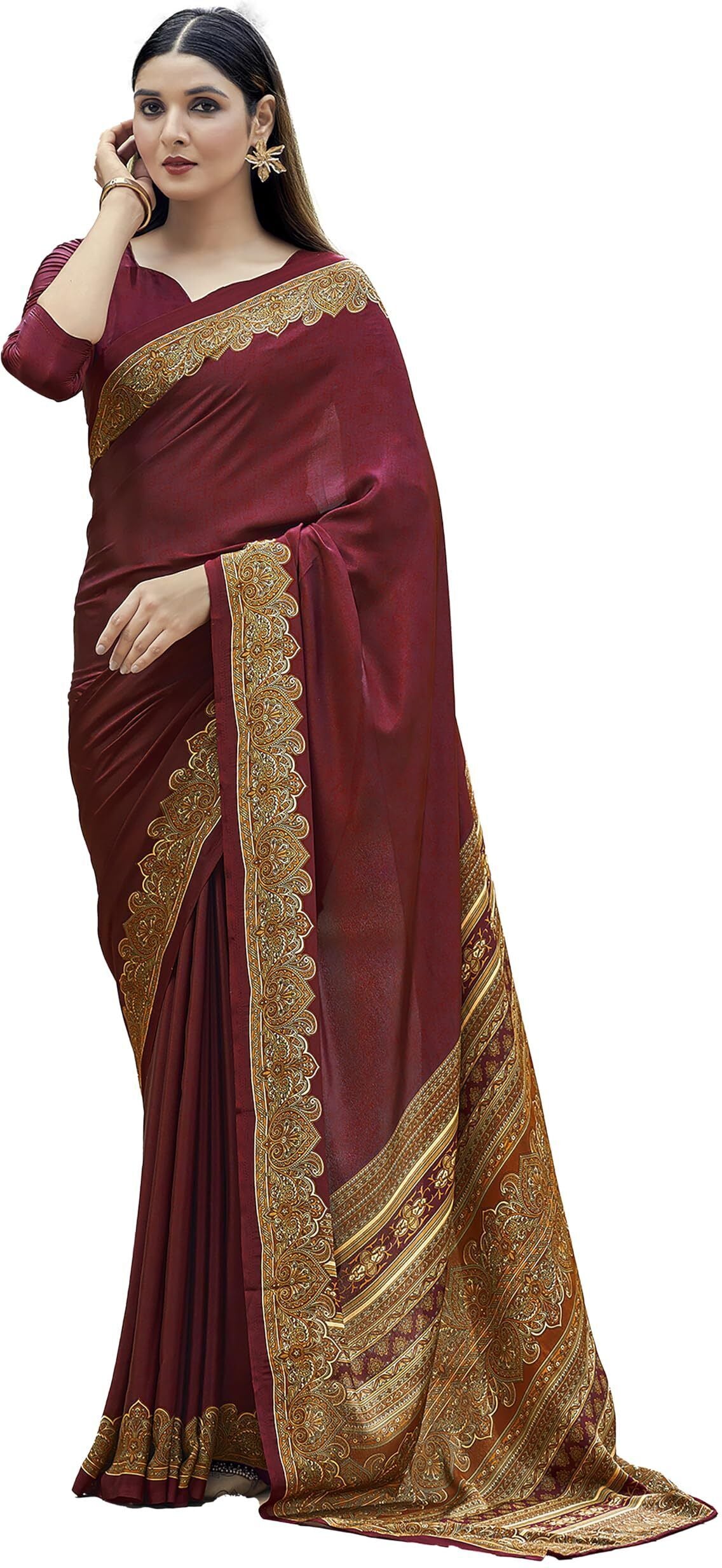Plain Self Printed Italian Silk Crape With Contrast Pallu (Red)