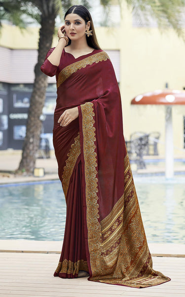 Plain Self Printed, Italian Silk Crape Saree With Contrast Pallu (Red)