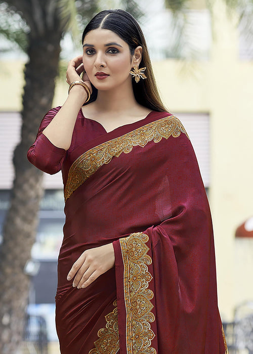 Plain Self Printed Italian Silk Crape With Contrast Pallu (Red)