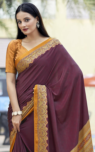 Plain Self Printed, Italian Silk Crape Saree With Contrast Pallu (Dark Maroon)
