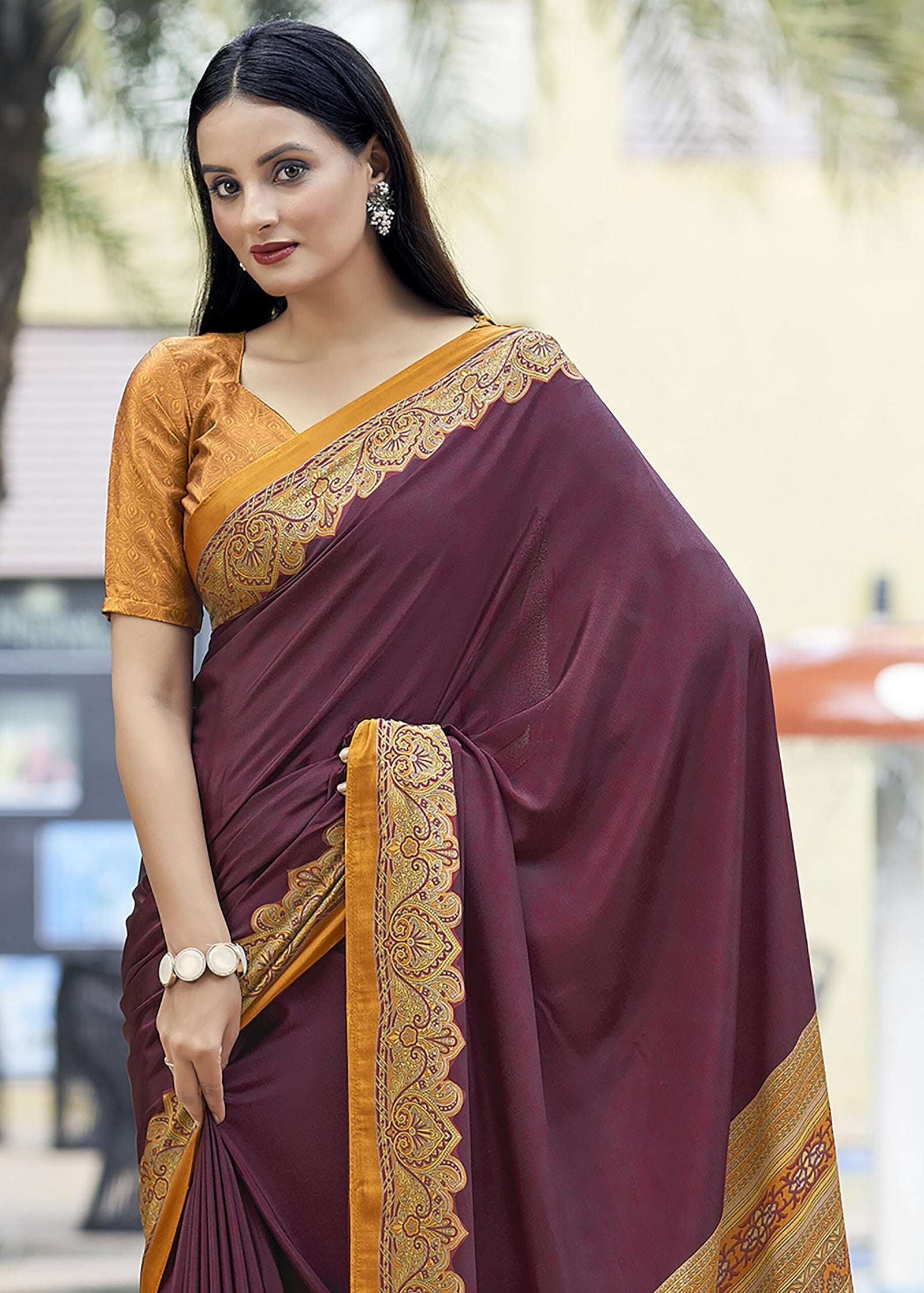 Printed Italian Silk Crepe Saree with Contrast Pallu (Dark Maroon)