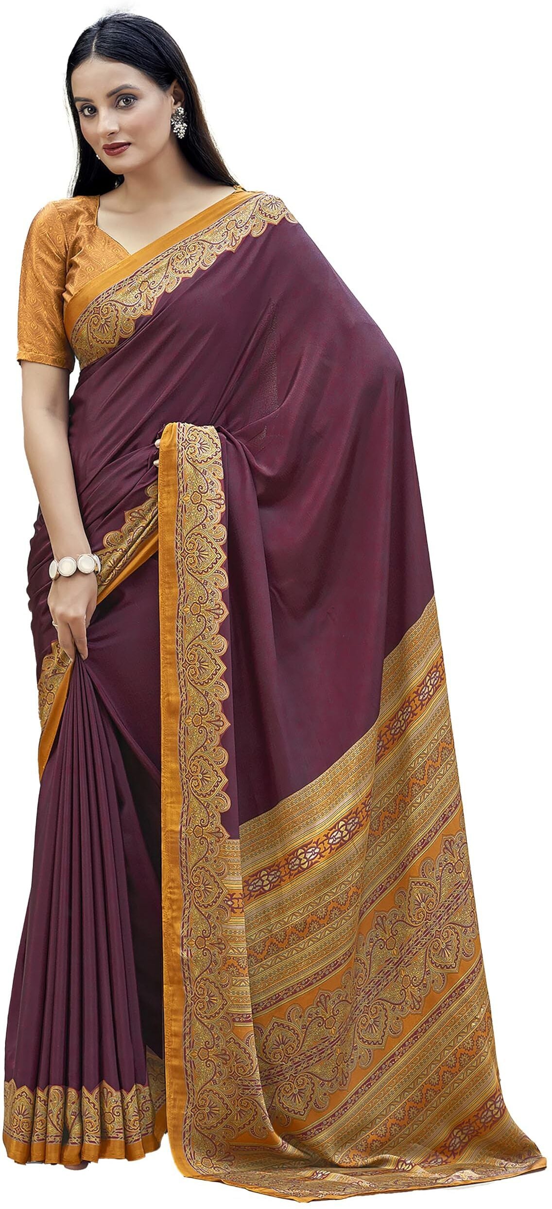 Printed Italian Silk Crepe Saree with Contrast Pallu (Dark Maroon)