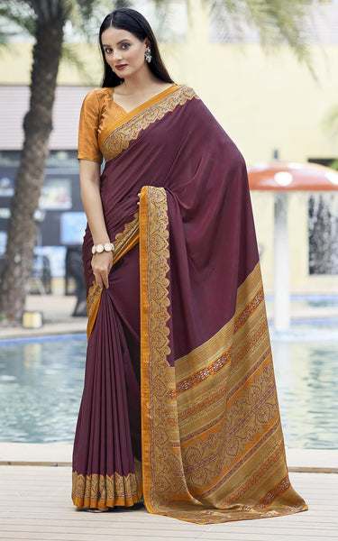 Plain Self Printed, Italian Silk Crape Saree With Contrast Pallu (Dark Maroon)