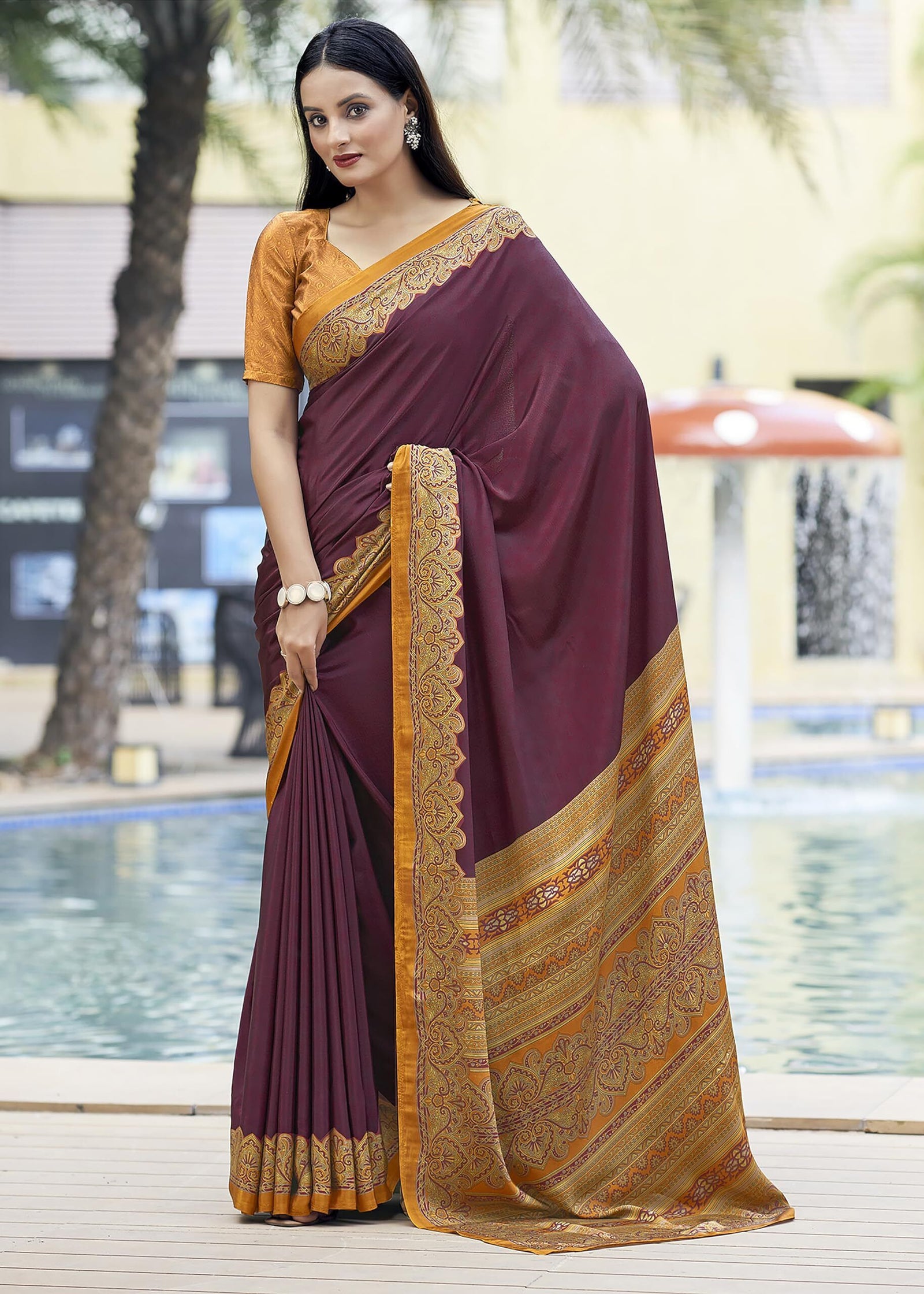 Printed Italian Silk Crepe Saree with Contrast Pallu (Dark Maroon)