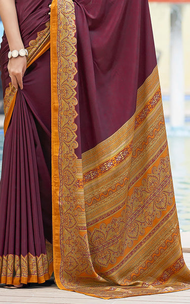 Plain Self Printed, Italian Silk Crape Saree With Contrast Pallu (Dark Maroon)