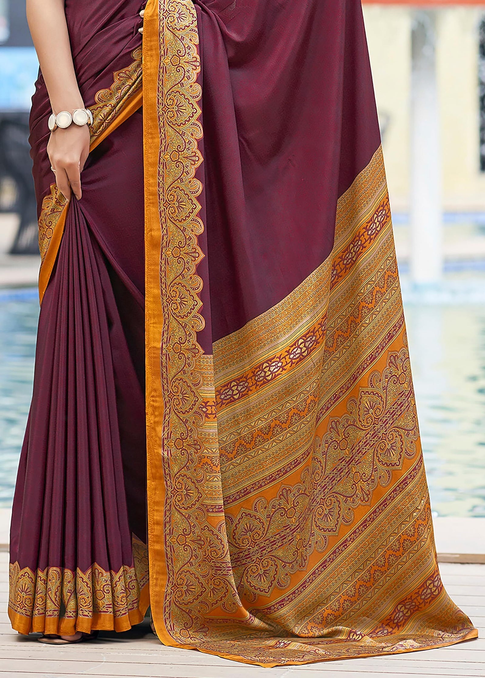 Printed Italian Silk Crepe Saree with Contrast Pallu (Dark Maroon)