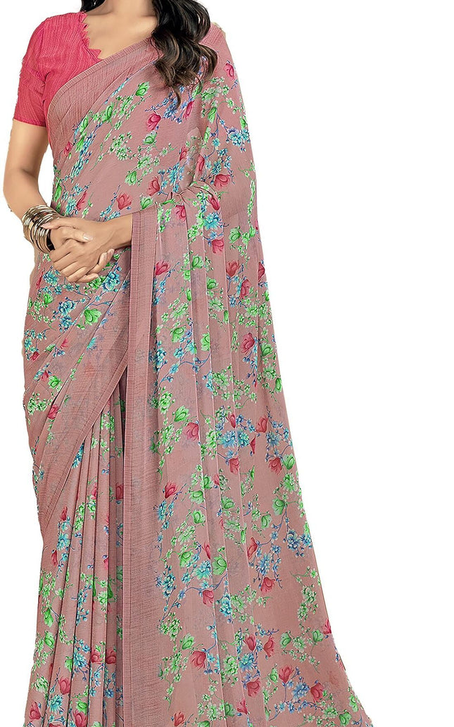 Floral Print, Graphic Print Kalamkari Chiffon, Georgette Saree (Dusky Coral)