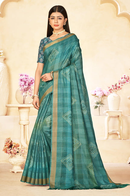 Checkered, Color Block Bollywood Chanderi, Cotton Silk Saree (Blue)