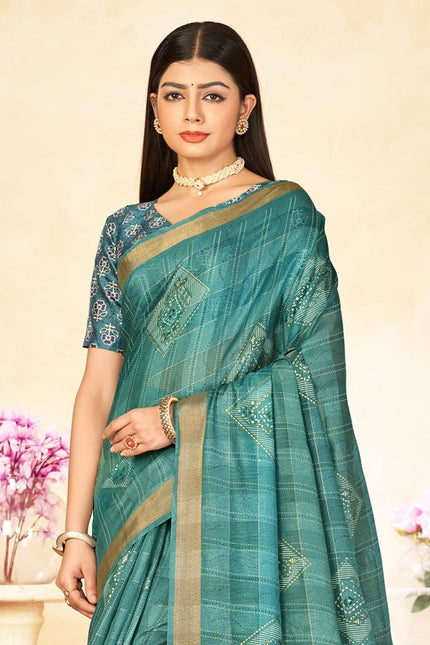 Checkered, Color Block Bollywood Chanderi, Cotton Silk Saree (Blue)