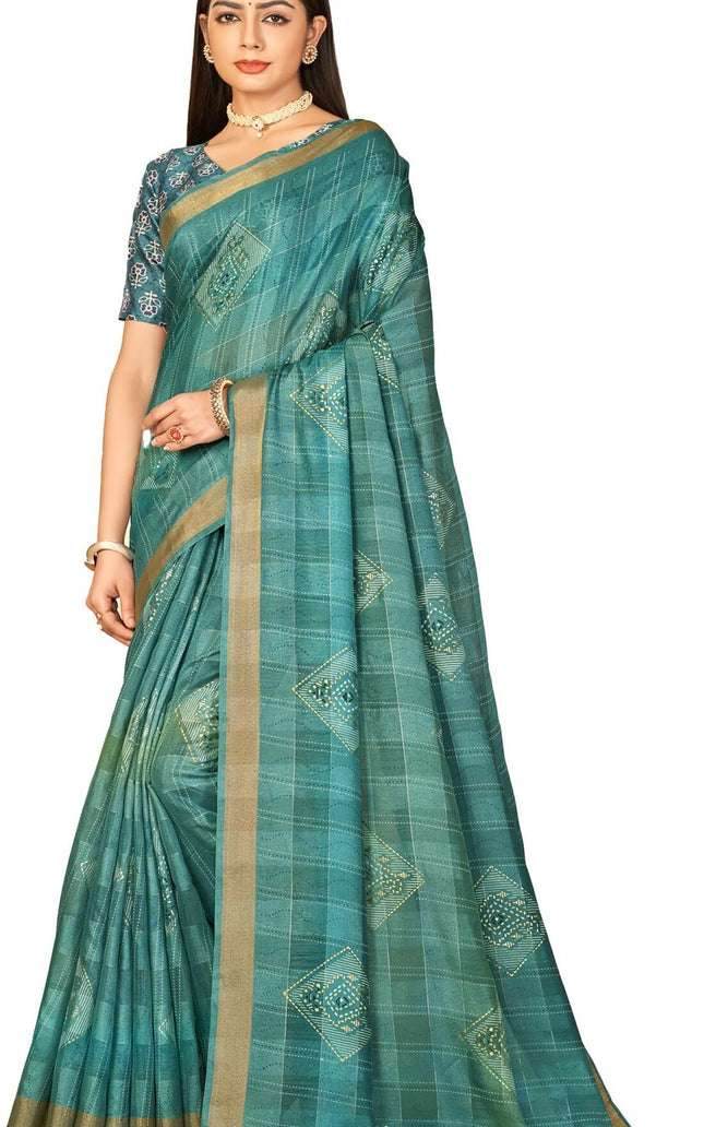 Checkered, Color Block Bollywood Chanderi, Cotton Silk Saree (Blue)