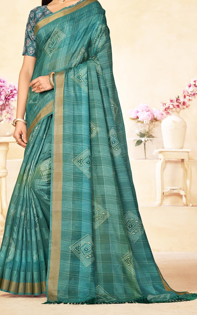 Checkered, Color Block Bollywood Chanderi, Cotton Silk Saree (Blue)