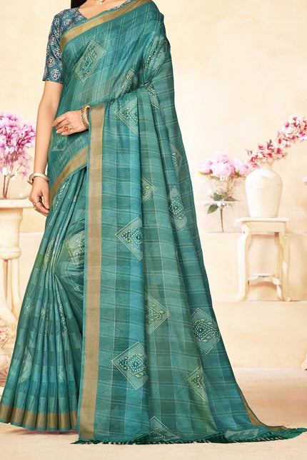 Checkered, Color Block Bollywood Chanderi, Cotton Silk Saree (Blue)