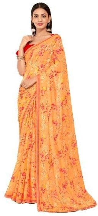Floral Print, Graphic Print Kalamkari Chiffon, Lace Saree (Orange)