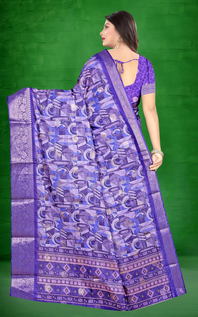 Women's Art Silk Block Digital Print Saree (Blue)