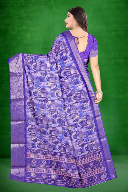 Women's Art Silk Block Digital Print Saree (Blue)