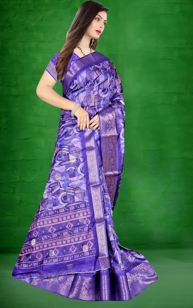 Women's Art Silk Block Digital Print Saree (Blue)