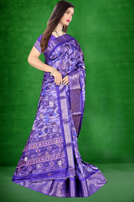 Women's Art Silk Block Digital Print Saree (Blue)