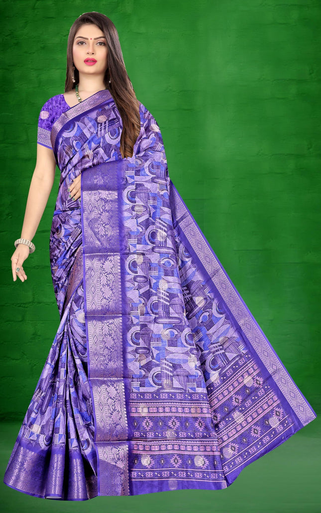 Women's Art Silk Block Digital Print Saree (Blue)