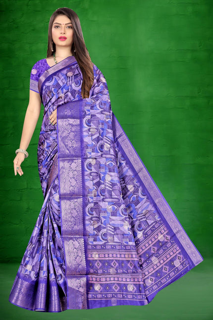 Women's Art Silk Block Digital Print Saree (Blue)