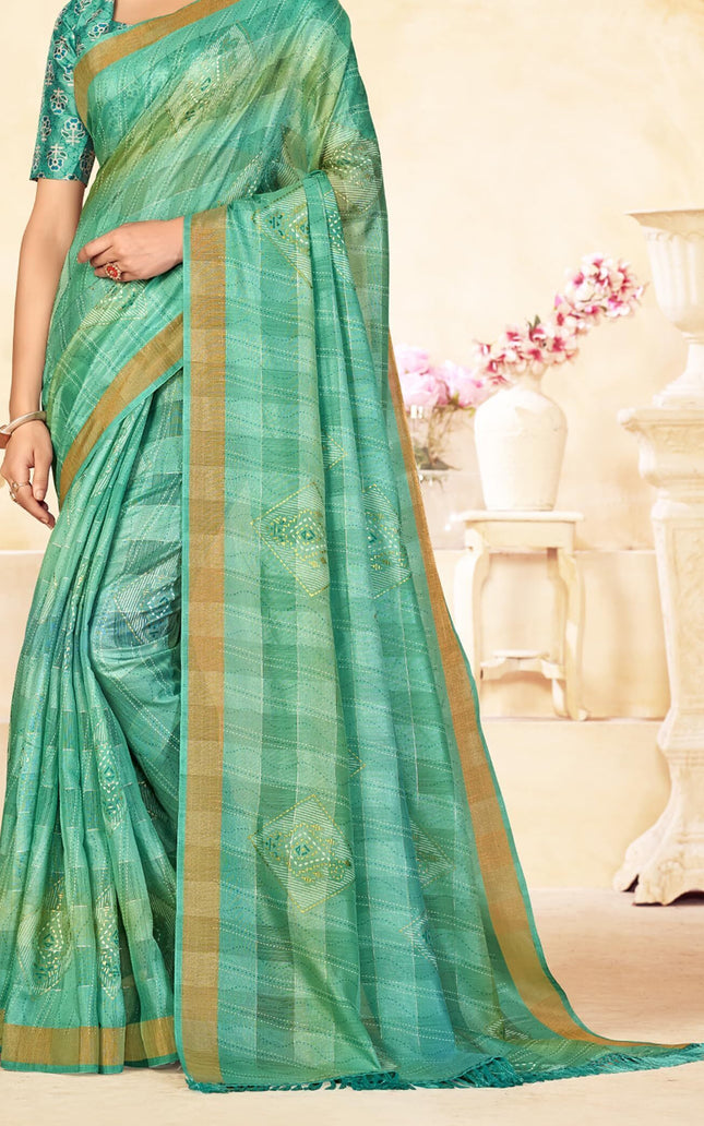 Checkered, Color Block Bollywood Chanderi, Cotton Silk Saree (Light Green)