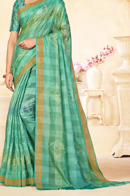 Checkered, Color Block Bollywood Chanderi, Cotton Silk Saree (Light Green)