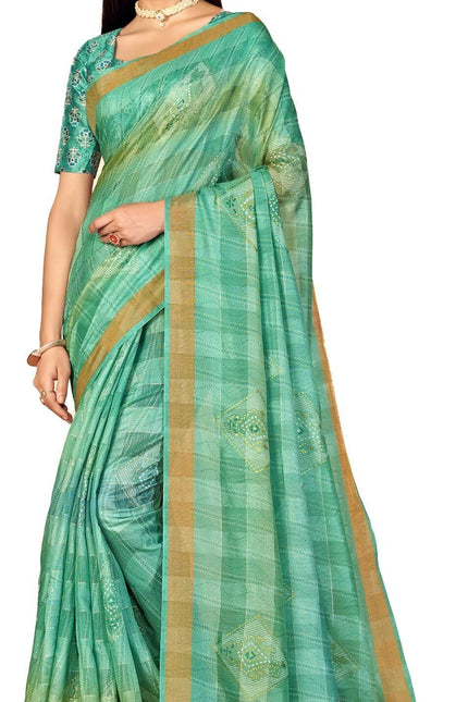 Checkered, Color Block Bollywood Chanderi, Cotton Silk Saree (Light Green)