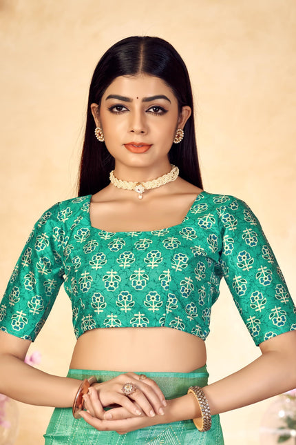 Checkered, Color Block Bollywood Chanderi, Cotton Silk Saree (Light Green)