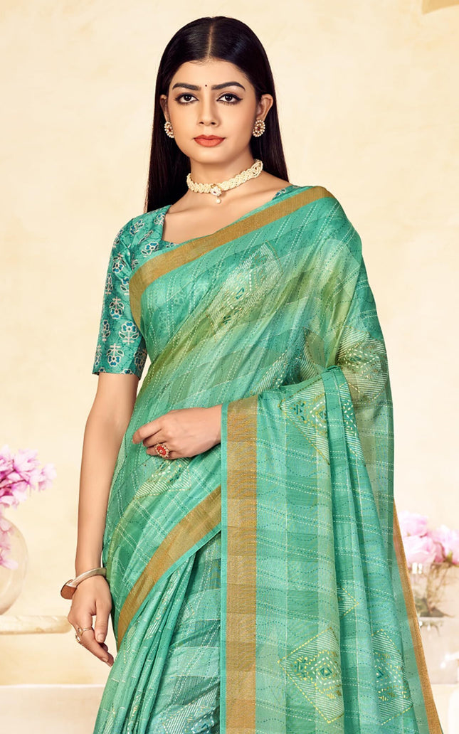 Checkered, Color Block Bollywood Chanderi, Cotton Silk Saree (Light Green)