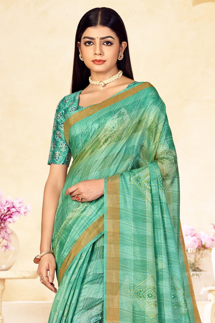 Checkered, Color Block Bollywood Chanderi, Cotton Silk Saree (Light Green)