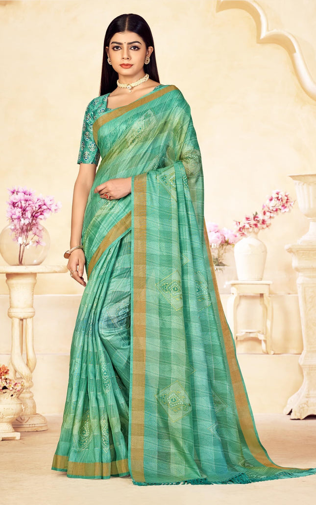 Checkered, Color Block Bollywood Chanderi, Cotton Silk Saree (Light Green)