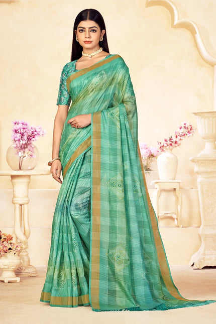 Checkered, Color Block Bollywood Chanderi, Cotton Silk Saree (Light Green)