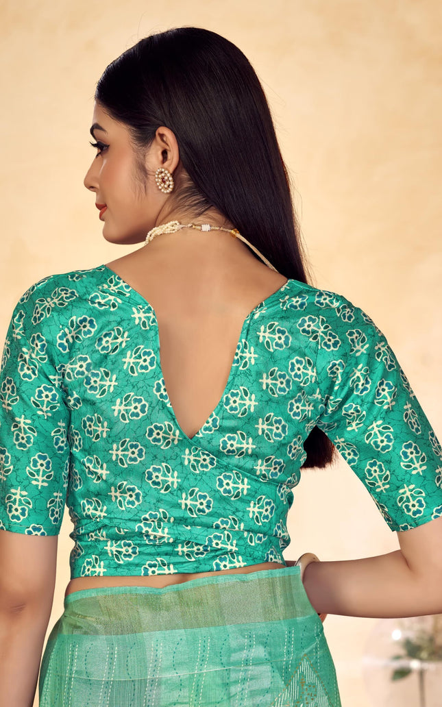 Checkered, Color Block Bollywood Chanderi, Cotton Silk Saree (Light Green)