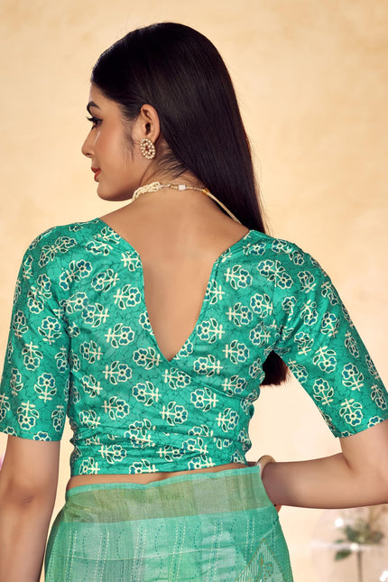 Checkered, Color Block Bollywood Chanderi, Cotton Silk Saree (Light Green)