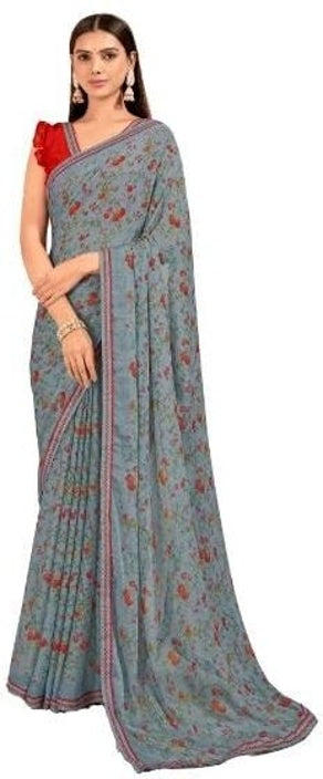 Floral Print, Graphic Print Kalamkari Chiffon, Lace Saree (Teal Grey)