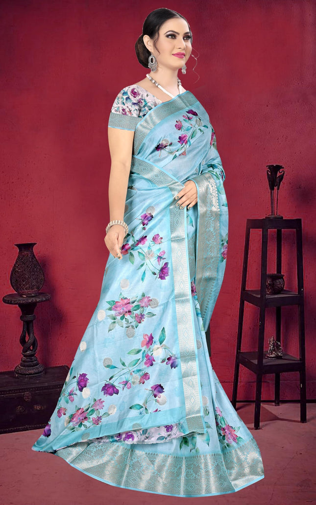 Graphic Print, Printed Bandhani Chiffon, Georgette Saree (Sky Blue)
