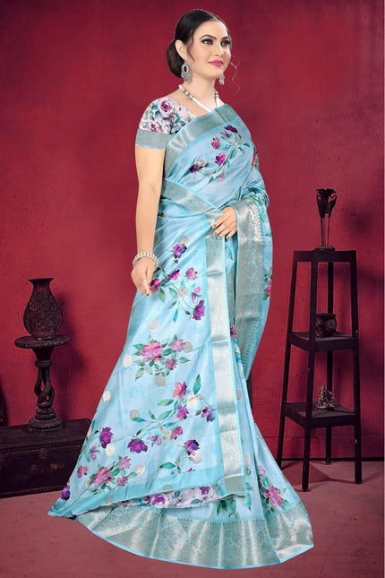 Graphic Print, Printed Bandhani Chiffon, Georgette Saree (Sky Blue)