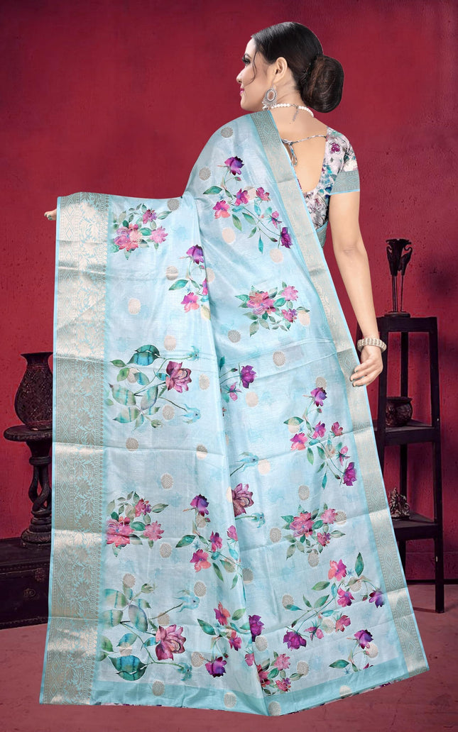 Graphic Print, Printed Bandhani Chiffon, Georgette Saree (Sky Blue)