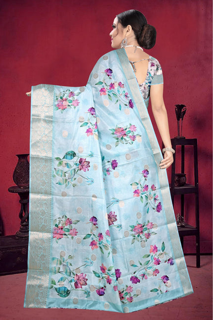 Graphic Print, Printed Bandhani Chiffon, Georgette Saree (Sky Blue)