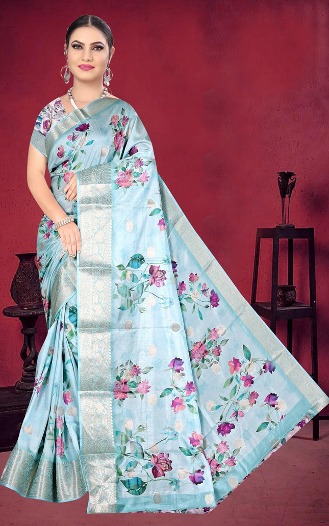 Graphic Print, Printed Bandhani Chiffon, Georgette Saree (Sky Blue)