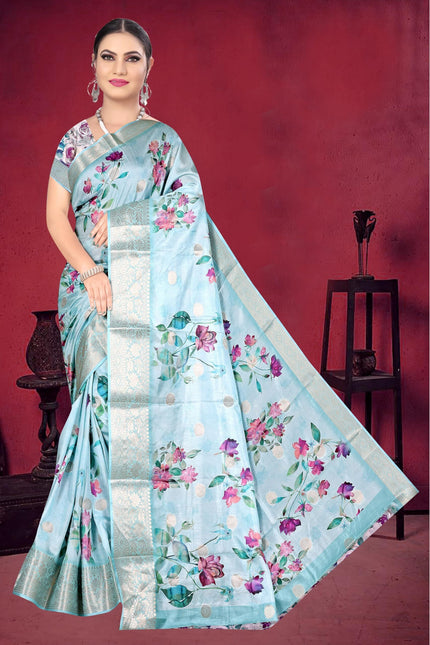 Graphic Print, Printed Bandhani Chiffon, Georgette Saree (Sky Blue)