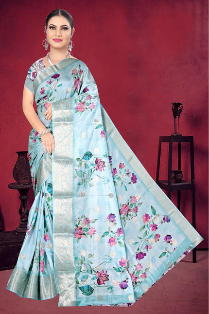 Graphic Print, Printed Bandhani Chiffon, Georgette Saree (Sky Blue)