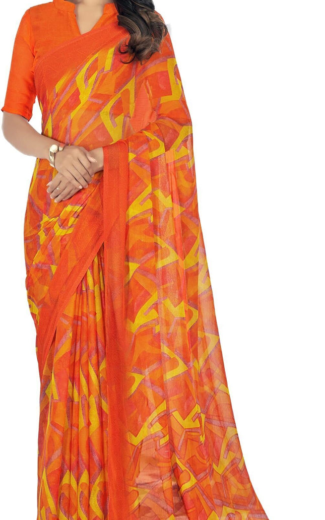 Printed Bollywood Chiffon, Georgette Saree (Orange, Yellow)