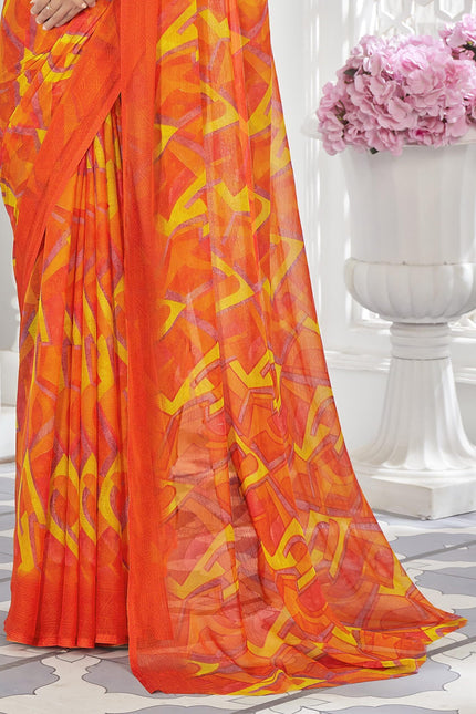 Printed Bollywood Chiffon, Georgette Saree (Orange, Yellow)