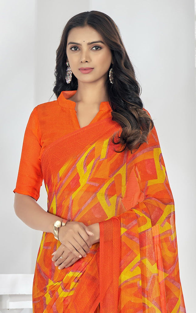 Printed Bollywood Chiffon, Georgette Saree (Orange, Yellow)