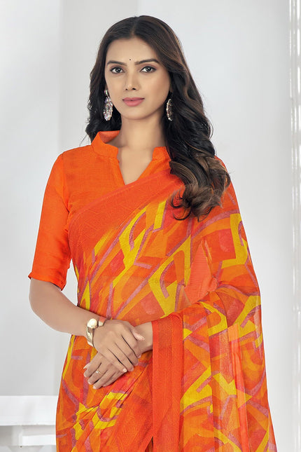 Printed Bollywood Chiffon, Georgette Saree (Orange, Yellow)