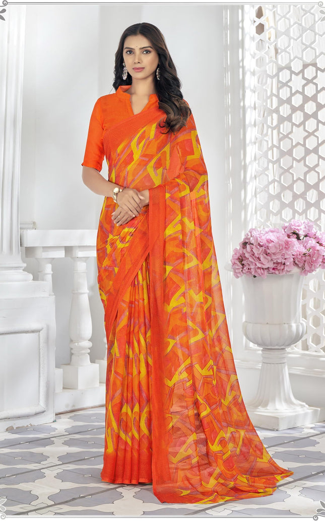 Printed Bollywood Chiffon, Georgette Saree (Orange, Yellow)