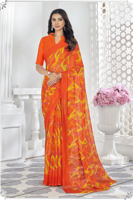 Printed Bollywood Chiffon, Georgette Saree (Orange, Yellow)
