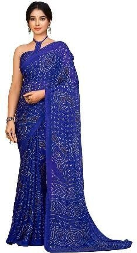 Graphic Print, Printed Bandhani Chiffon, Georgette Saree (Blue)