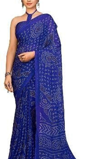 Graphic Print, Printed Bandhani Chiffon, Georgette Saree (Blue)