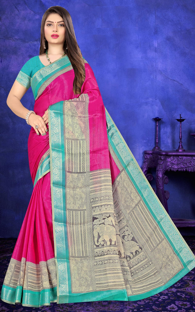 Women's Cotton Silk Plain Saree Having Contrast Weaving Zari Border with Blouse Piece, Saree